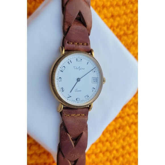 Vintage Valgines Quartz Watch Swiss Made Unisex Gold Bezel Braided Leather Strap - Picture 8 of 10
